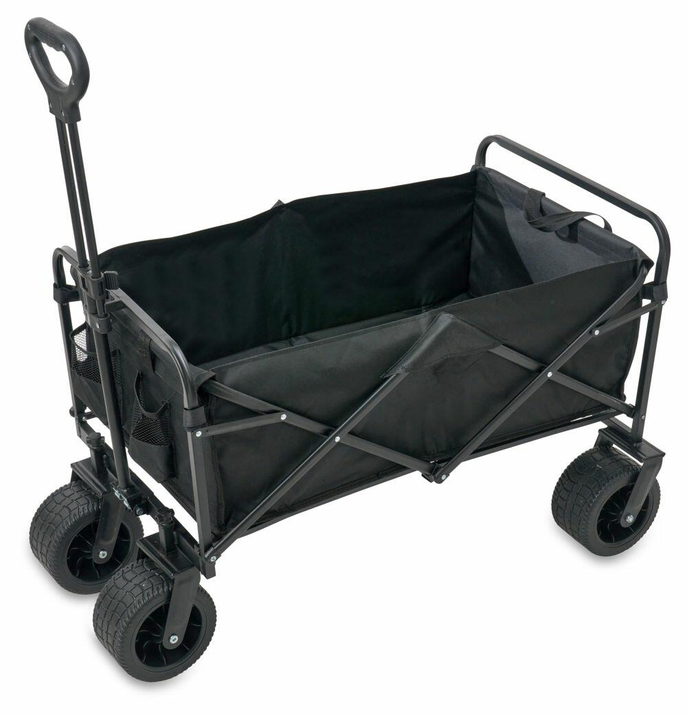 A black folding utility wagon with a handle, labeled "HL040" from Home & Living, designed for carrying supplies. It has large, rugged wheels and a collapsible metal frame.