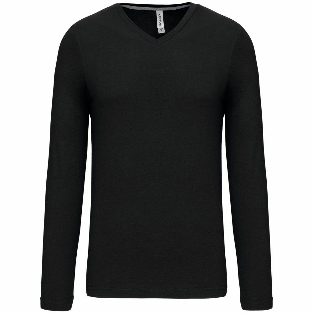 The Kariban KB358, a black V-neck shirt with long sleeves, displayed on a plain white background.