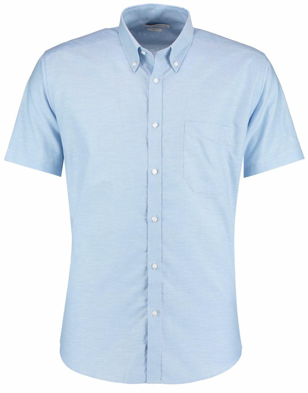 The KK183 by Kustom Kit is a light blue, short-sleeve button-up shirt featuring a chest pocket and a button-down collar.