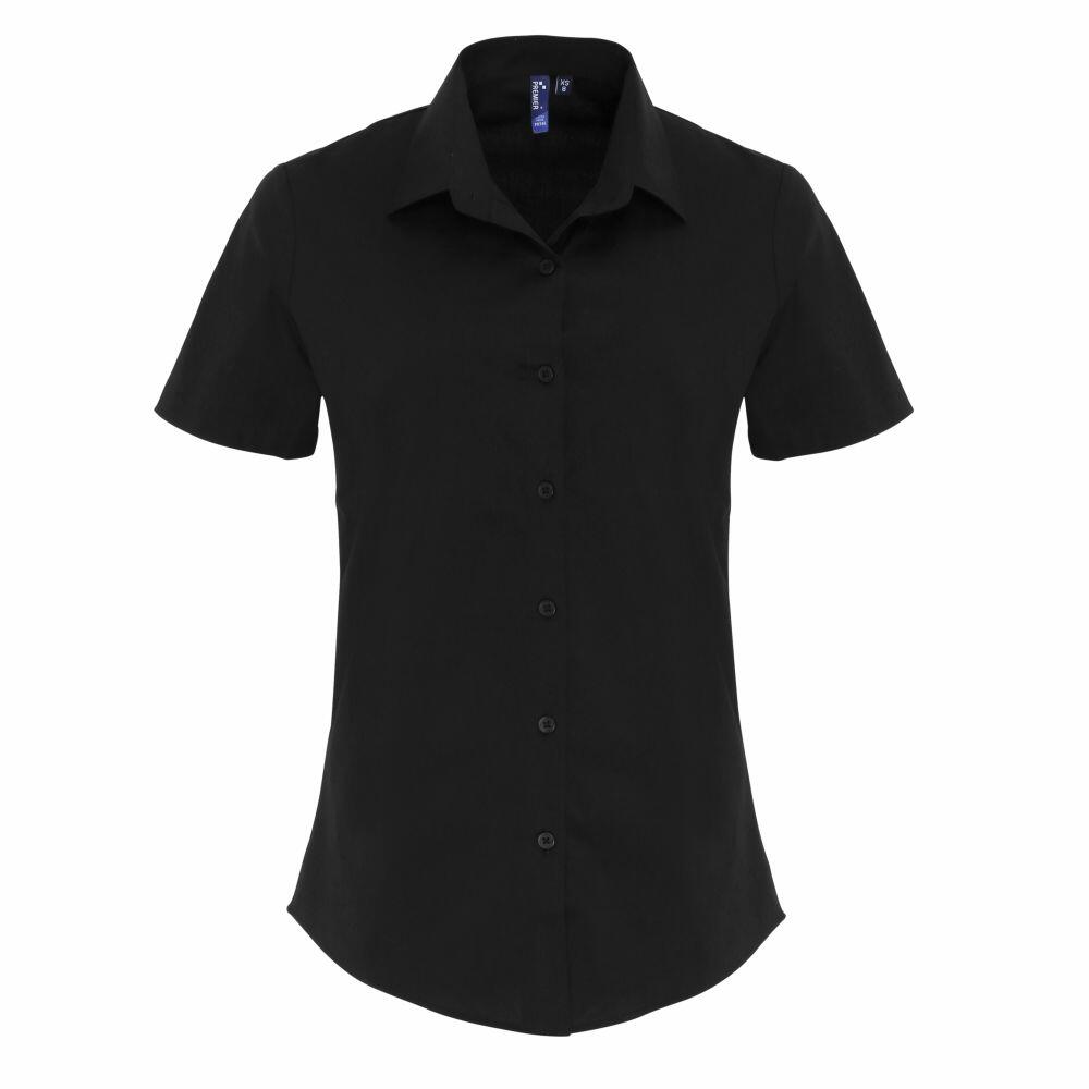 The Premier PR346 black short-sleeve button-up shirt is showcased against a white background.