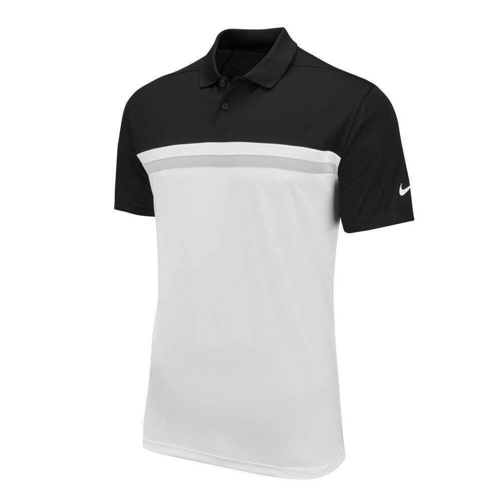 Nike's NK343 polo shirt features a black and white design with a collar and a horizontal white stripe across the chest. The Nike logo is prominently displayed on the left sleeve.