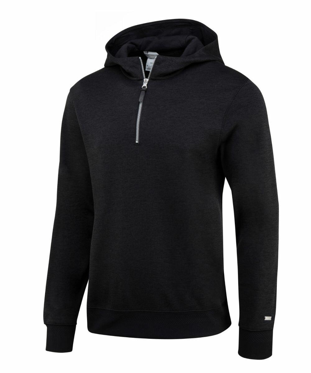 Nike's NK357 black hooded sweatshirt features a quarter-zip front and long sleeves, displayed against a white background.