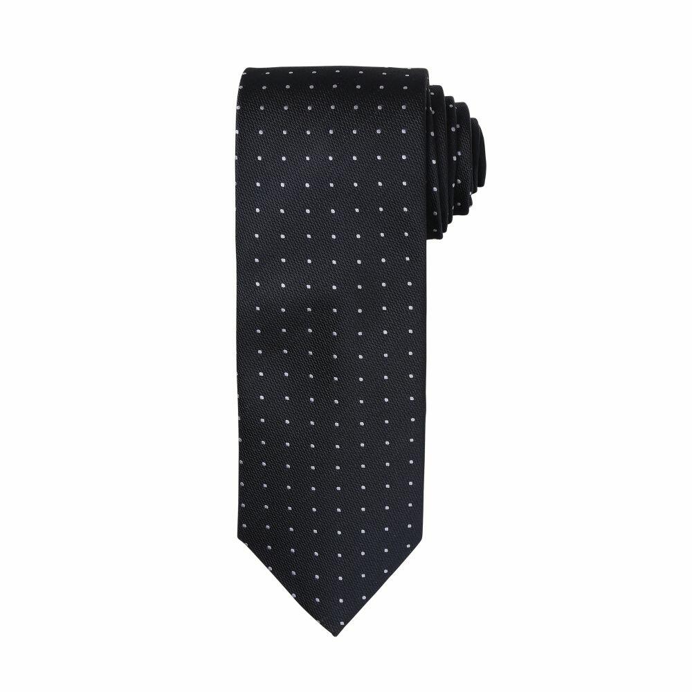 A rolled-up Premier PR781 black tie featuring small white polka dots set against a white background.