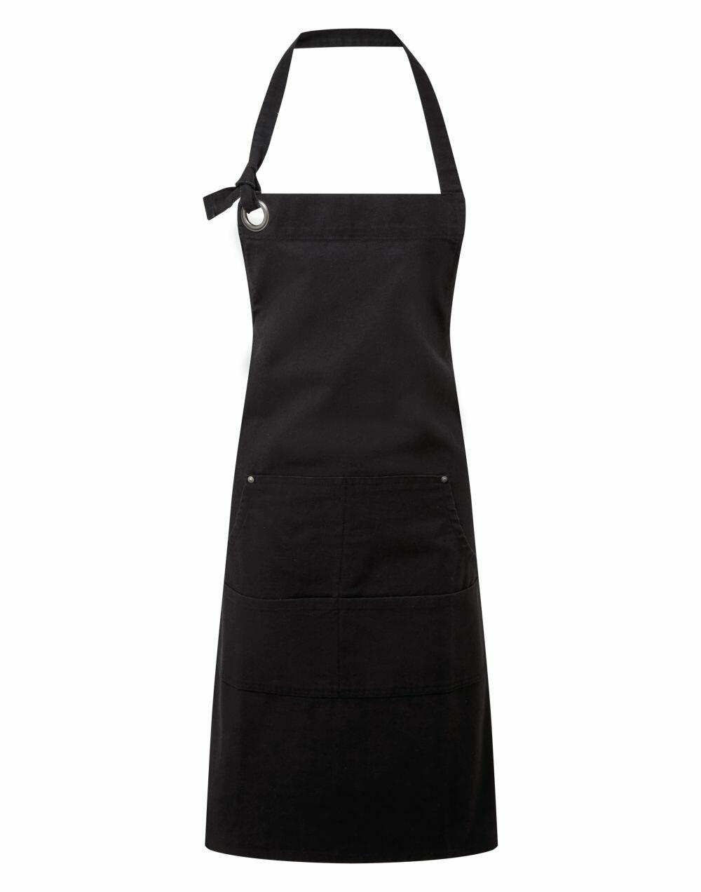 The Premier PR137, a black apron featuring an adjustable neck strap and a large front pocket, is displayed against a plain white background.