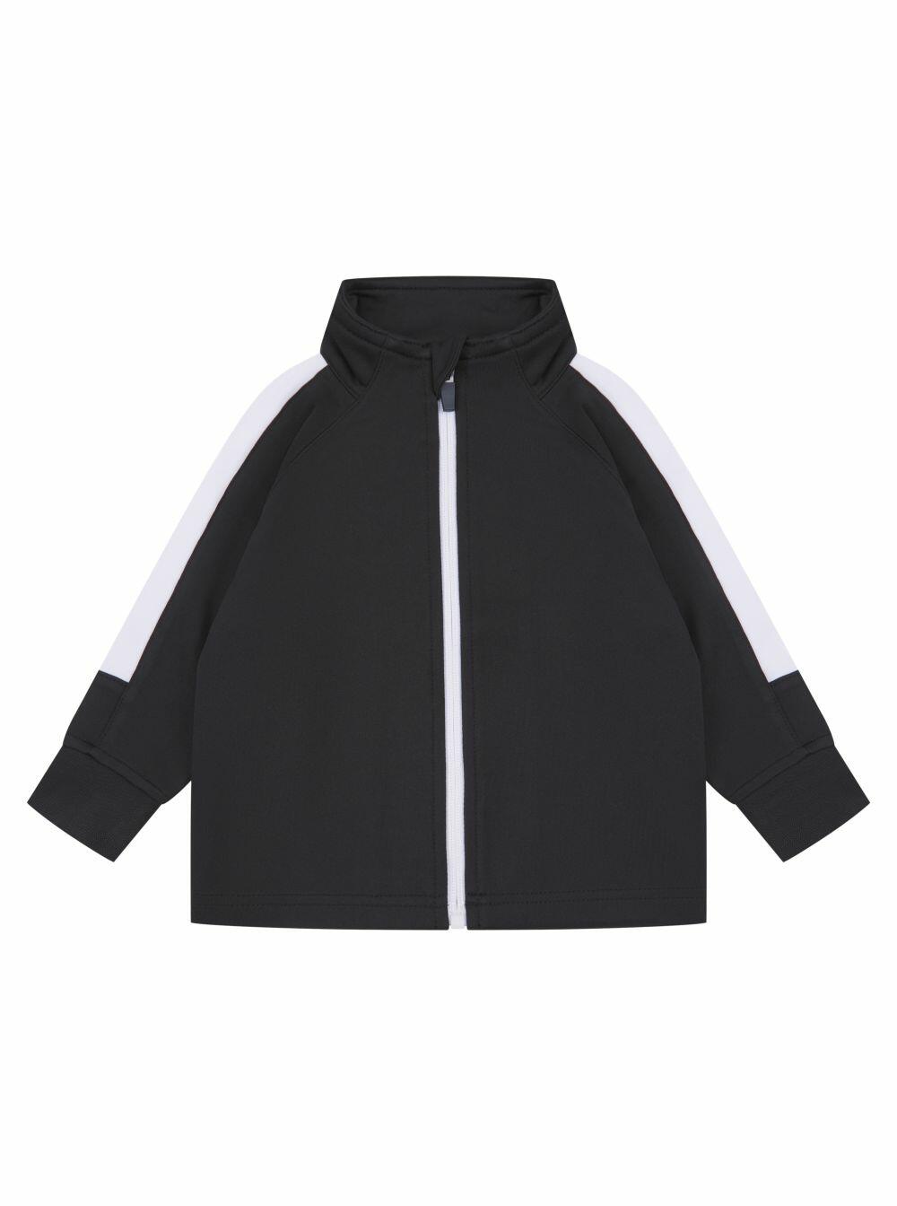 The LW820 by Larkwood is a black zip-up jacket featuring white stripes on the sleeves and a high collar.