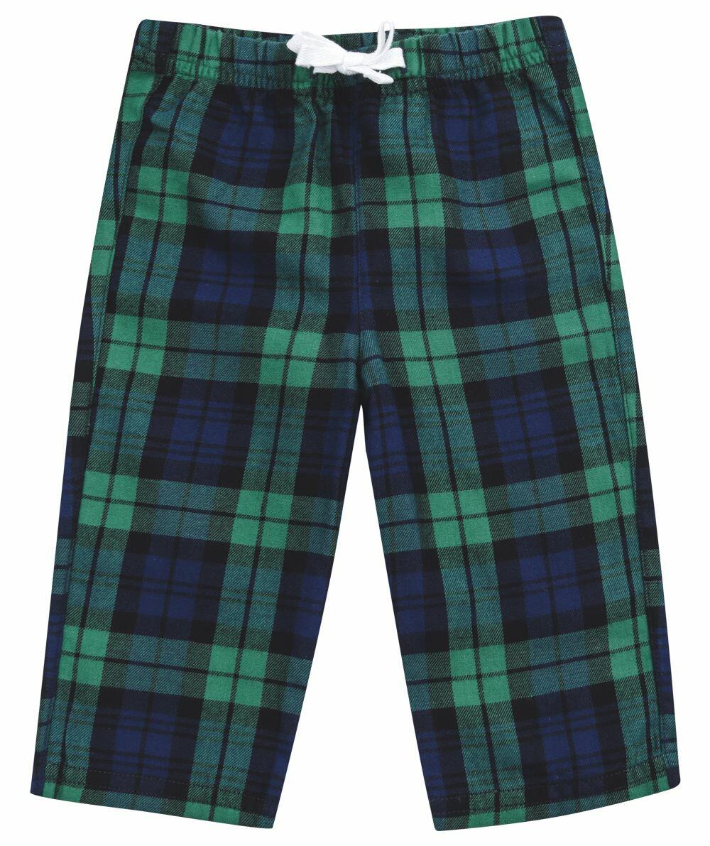 LW83T plaid pajama pants by Larkwood in green and blue with a white drawstring, displayed laid flat.