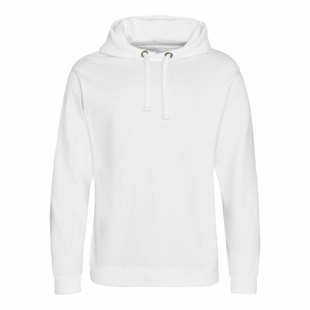 The JH011 hoodie by AWDis Just Hoods features a plain white design with a drawstring hood, showcased against a white background.