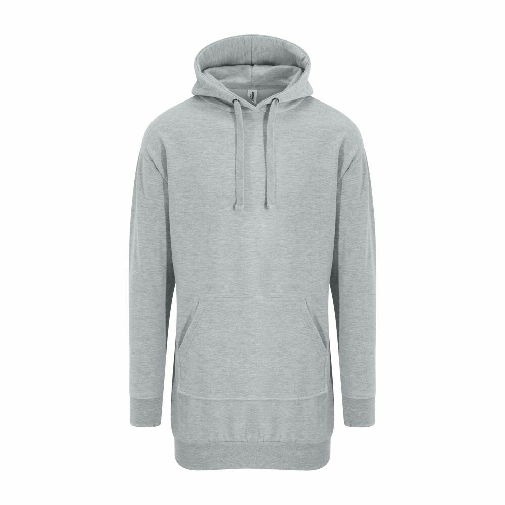 AWDis Just Hoods' JH015 gray hoodie, featuring a front pocket and drawstring hood, is showcased on a white background.