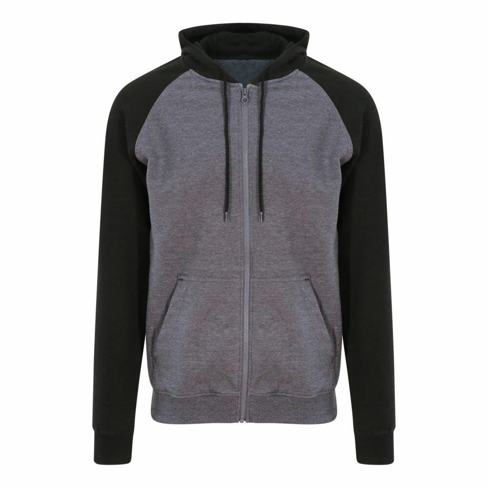 AWDis Just Hoods' JH063 zip-up hoodie in gray and black, featuring a drawstring hood and front pockets, set against a white background.
