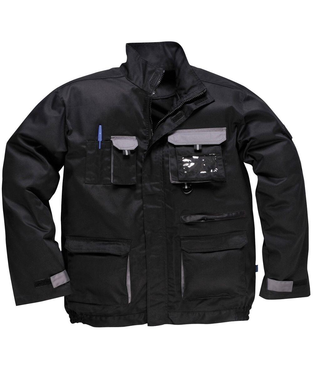 The Portwest PW160 utility jacket, featuring a black design with multiple pockets and grey accents, is displayed against a white background.