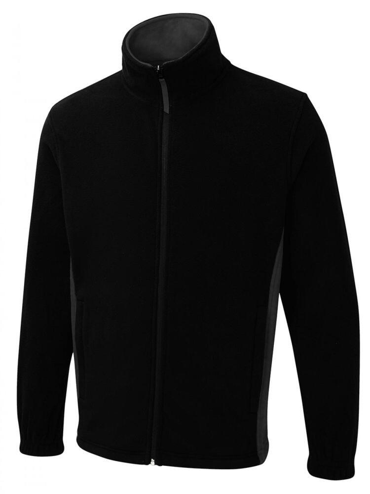 Uneek Two Tone Full Zip Fleece Jacket in Black & Charcoal on a white background