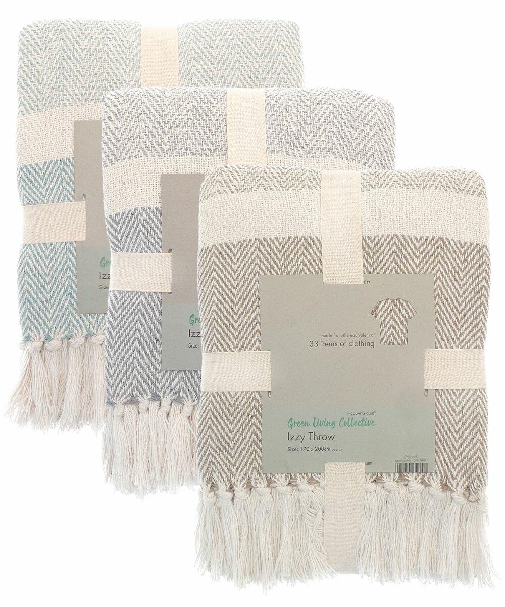 Three folded throws with fringe edges are shown. They are labeled "HL208" from the Home & Living collection, each in different shades of blue, gray, and beige.