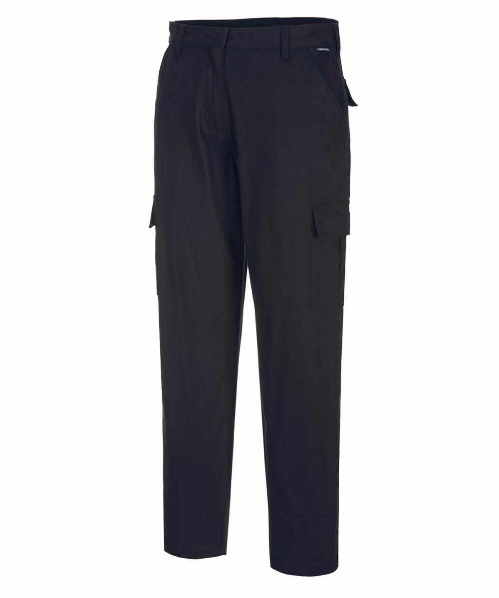 A pair of Portwest PW359 black cargo pants with side pockets and belt loops, displayed against a white background.