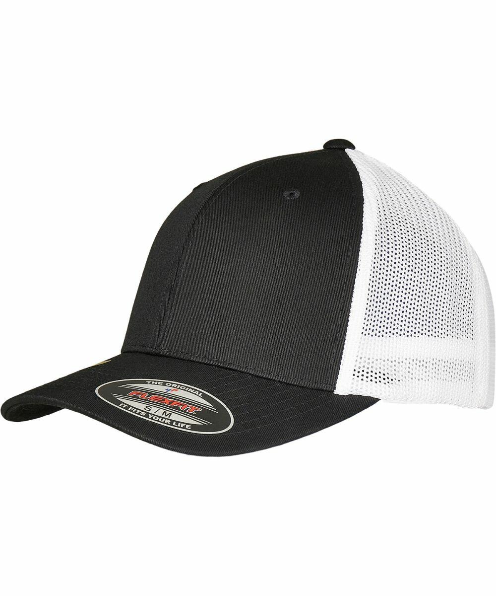 A black and white trucker hat with a mesh back and a Flexfit By Yupoong YP231 sticker on the black front panel.