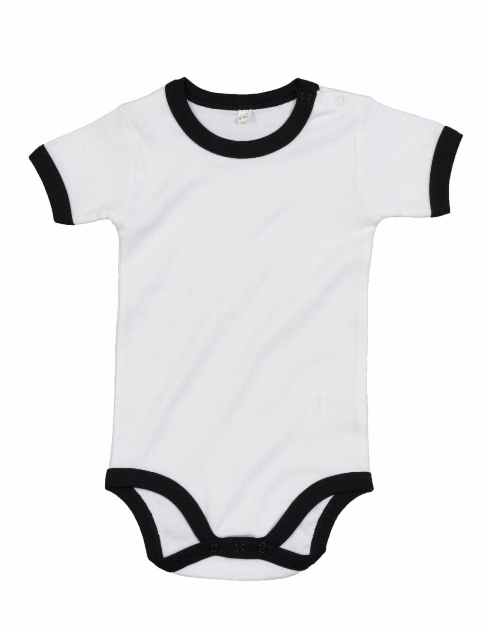 A Babybugz BZ019 baby onesie in white featuring black trim around the collar, sleeves, and leg openings.