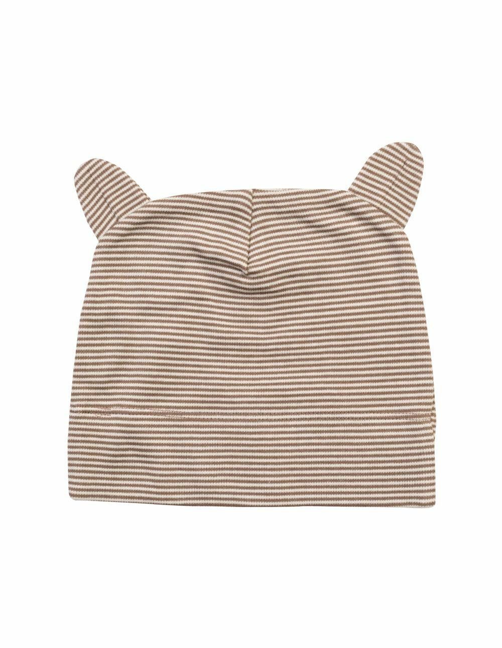 The BZ051 by Babybugz is a striped baby hat in beige and brown, featuring small ear-like protrusions on top.