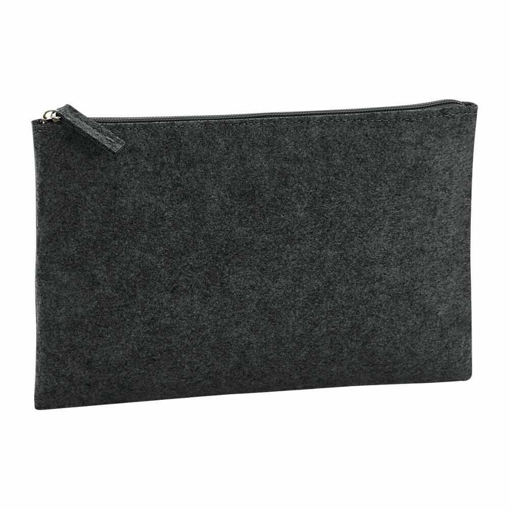Product Description: Bagbase's BG725 is a sleek, dark grey felt zippered pouch set against a simple white background.