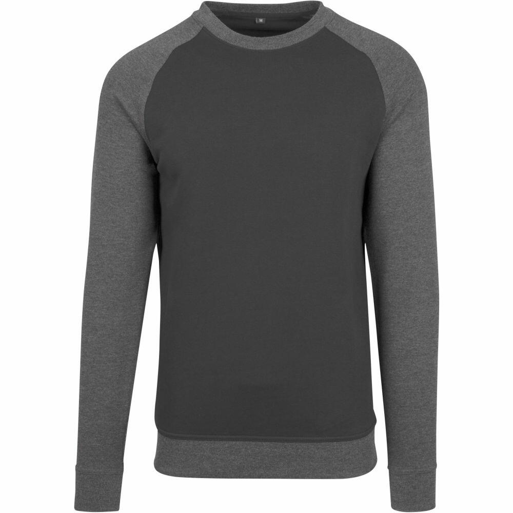 The BY076 long-sleeve raglan sweatshirt in gray and dark gray, by Build Your Brand, is showcased on a white background.