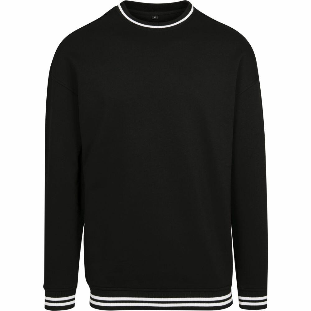 BY104 sweatshirt from Build Your Brand featuring a black color with white striped trim on the collar, cuffs, and hem.