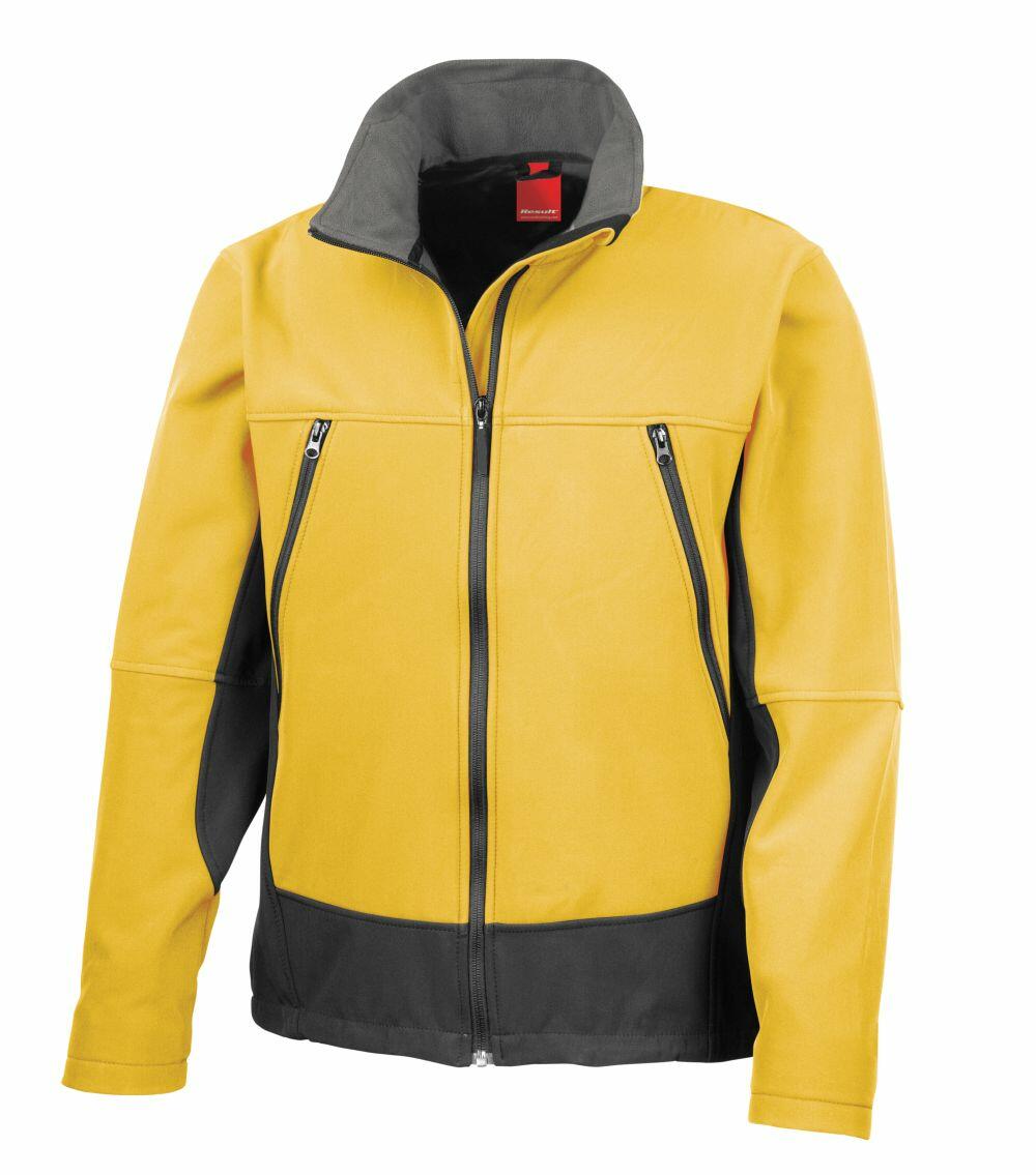 The R120A by Result is a yellow and gray zip-up jacket featuring an upright collar and zippered pockets on the chest.
