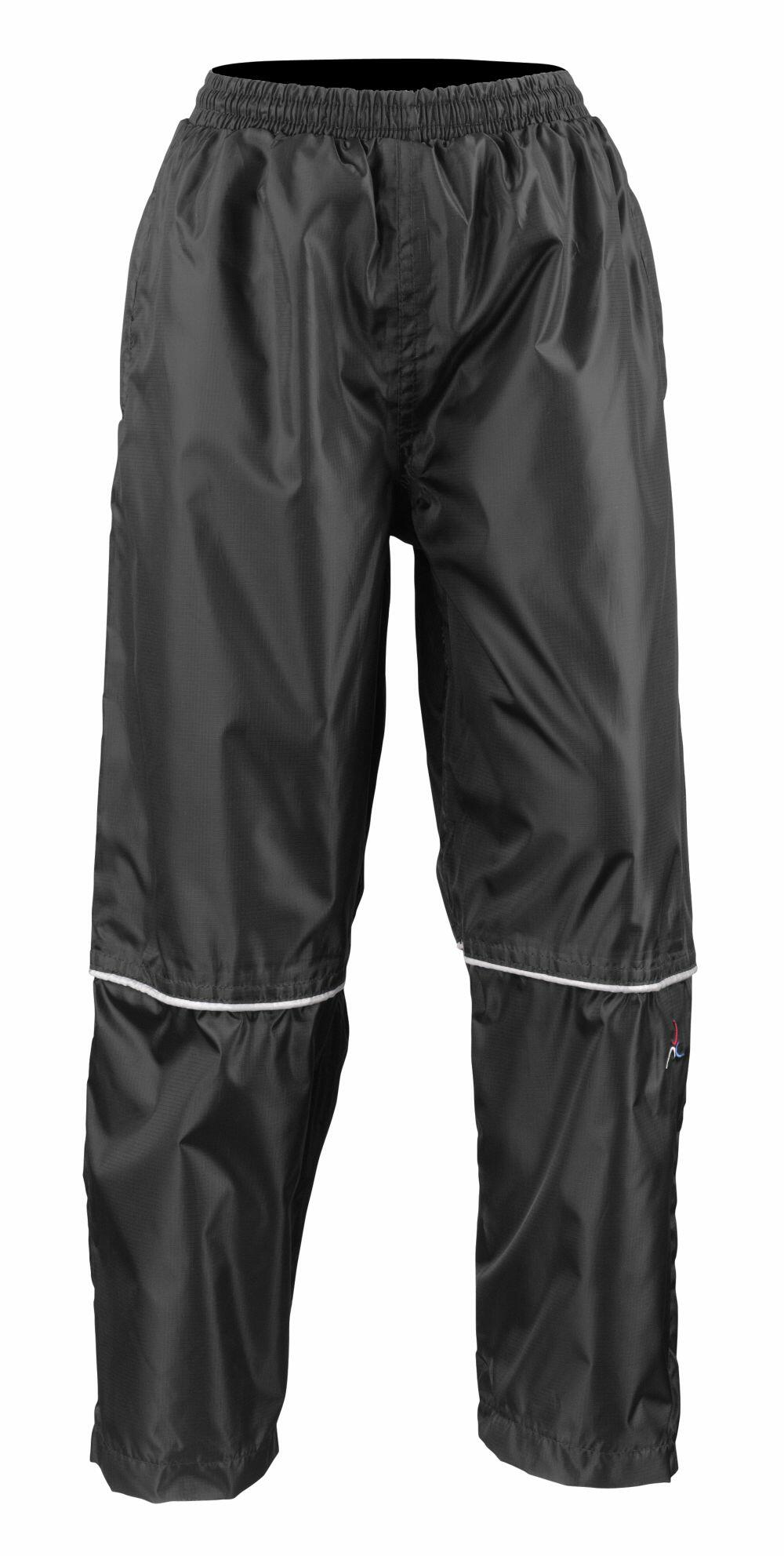 Result's R156A pants are black, waterproof, and feature an elastic waistband with reflective stripes at the knees.