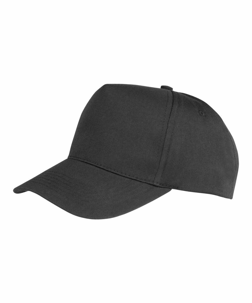 A plain black R984J baseball cap with a curved brim by Result Genuine Recycled.
