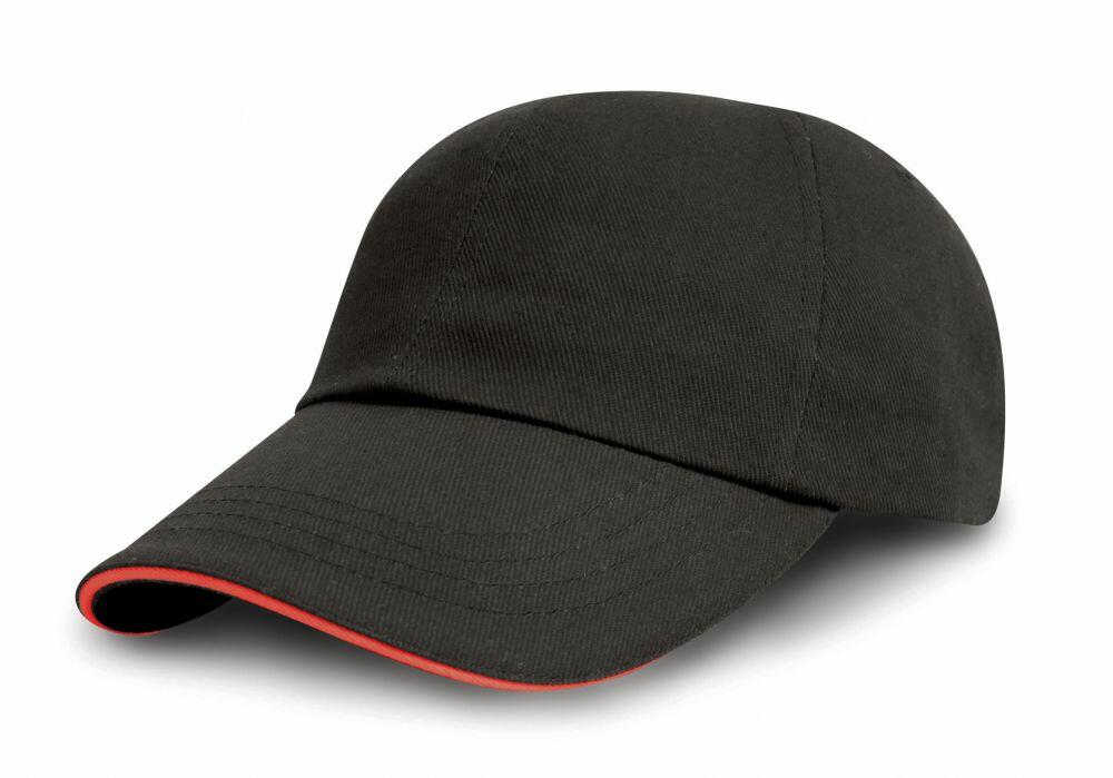 The RC50X from Result Headwear is a black baseball cap featuring a red trim on the brim.