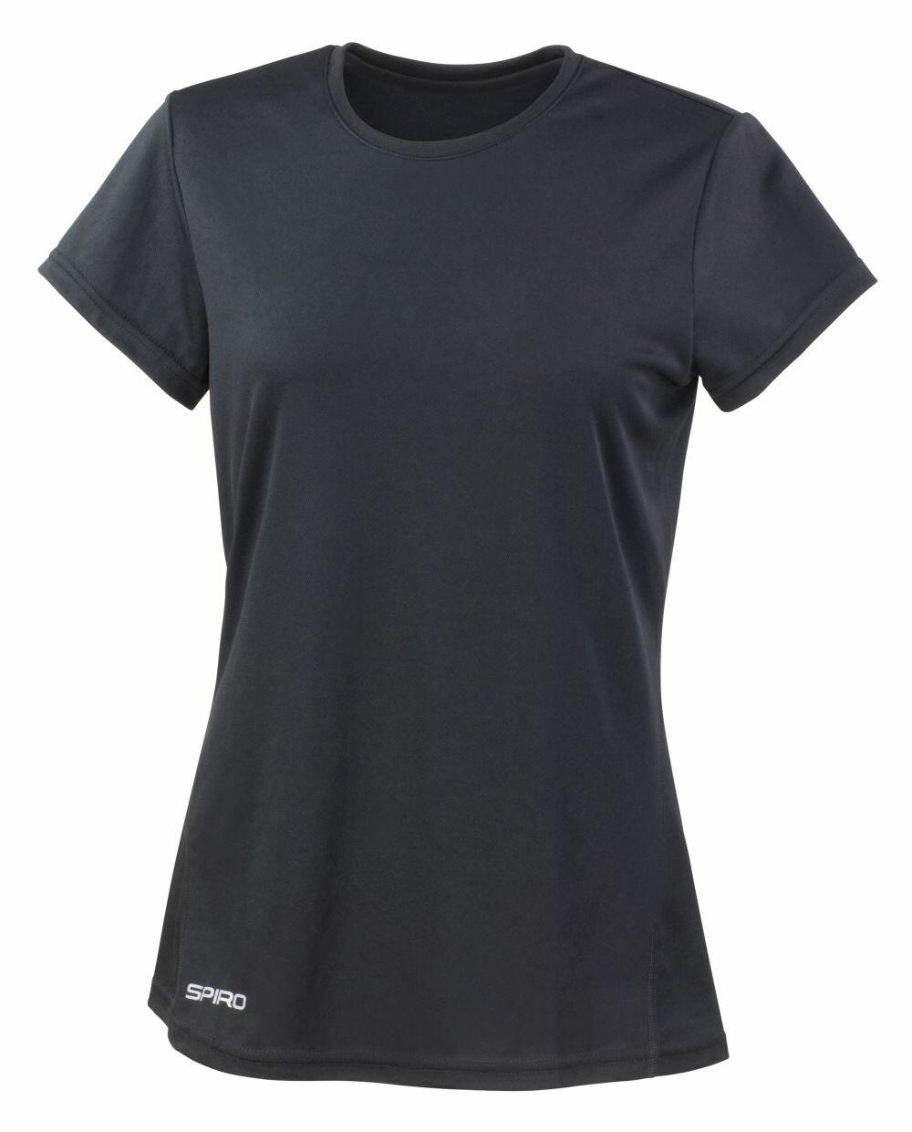 Spiro's S253F, a black short-sleeve crew neck t-shirt, showcased on a white background.