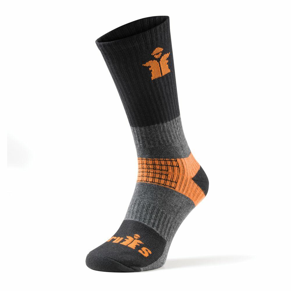 Introducing the Scruffs SH030: a fashionable knee-high sock in black and gray, featuring vibrant orange accents and a distinctive stylized "i" logo.