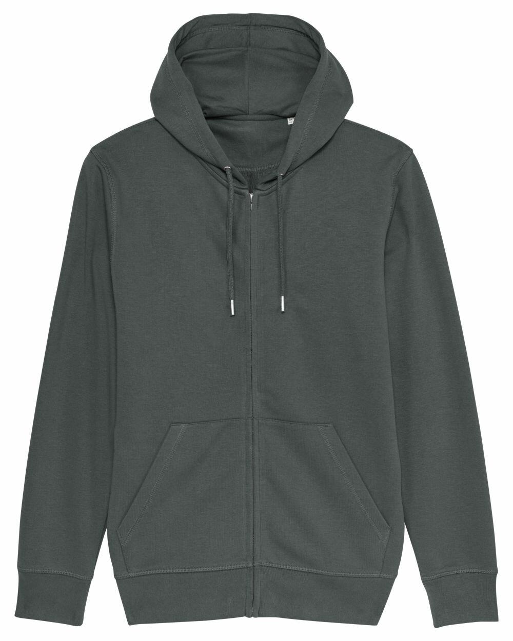 Introducing the Stanley/Stella SX025, a dark green zip-up hoodie featuring a hood and front pockets.