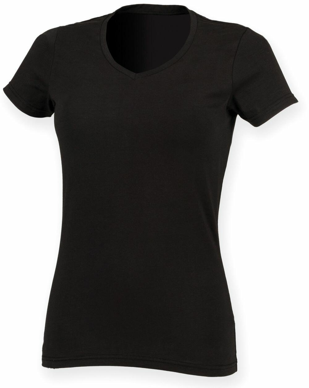 Product SK122 by Skinnifit, a simple black V-neck T-shirt, is displayed against a white background.