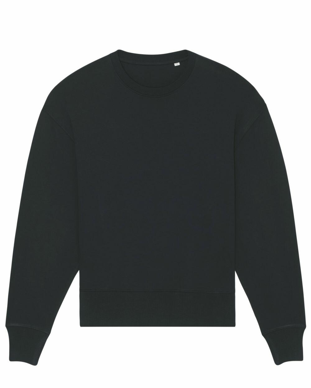 The SX108 by Stanley/Stella is a plain black crewneck sweatshirt with long sleeves, displayed against a white background.