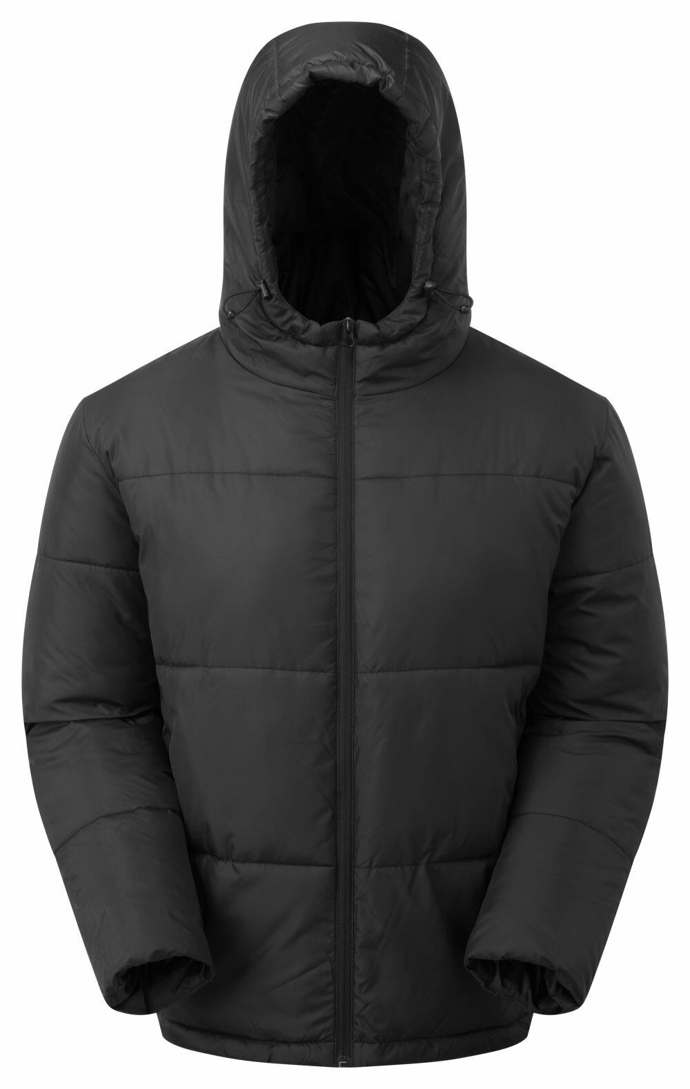 The image displays the TS027, a black hooded winter jacket by 2786, featuring a front zipper closure against a plain white background.