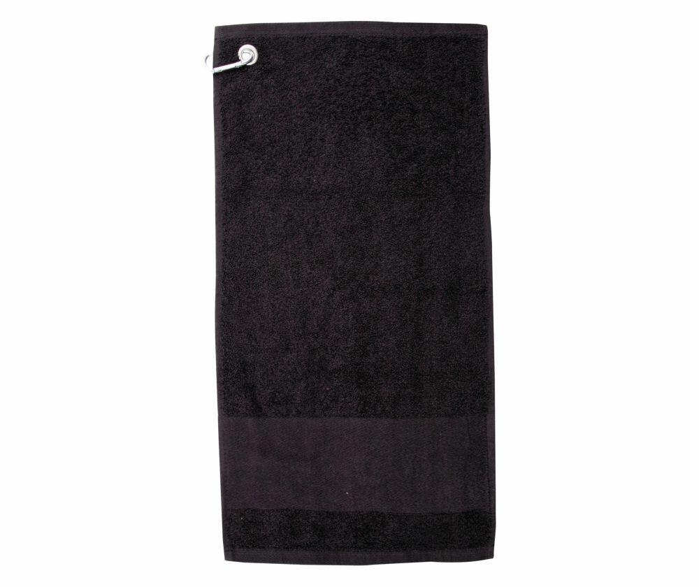 The product displayed is the TC033, a black rectangular towel from Towel City, featuring a metal clip.