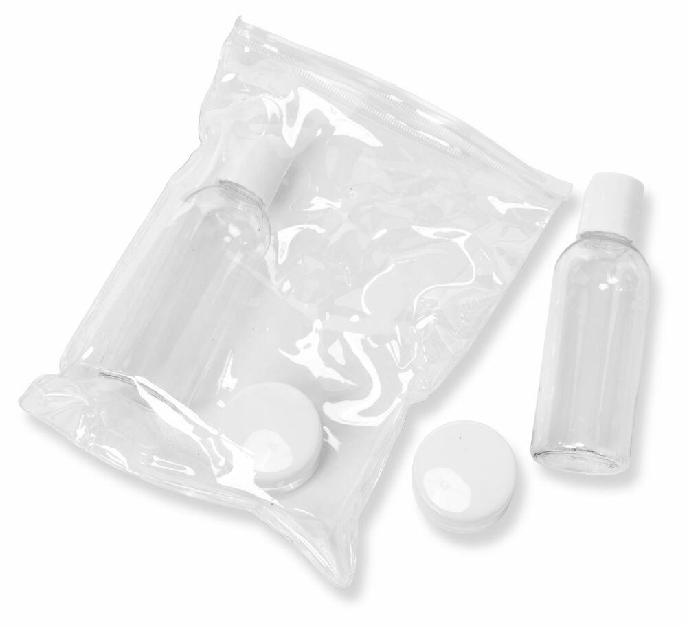 A pair of empty clear plastic bottles from Home & Living's HL030 line, one nestled inside a transparent ziplock bag and the other positioned outside, accompanied by two white bottle caps.
