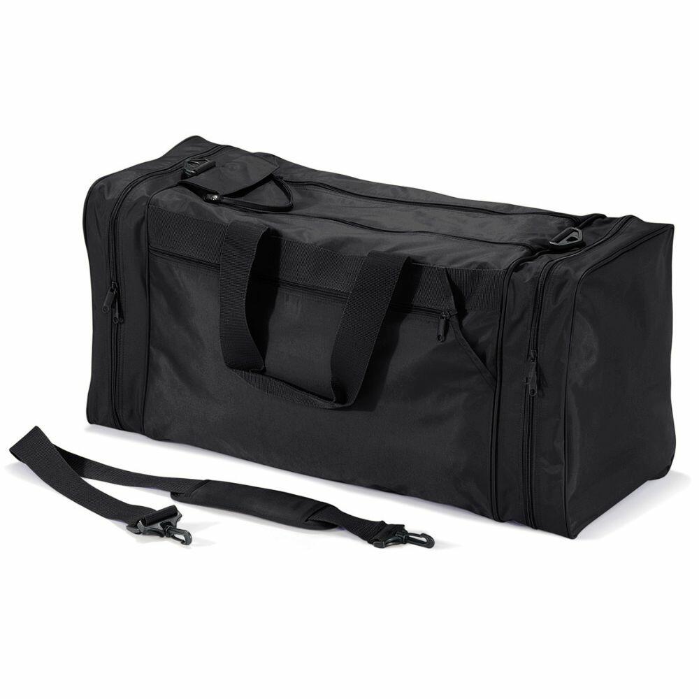 The Quadra QD080, a large black duffel bag featuring multiple zippers and an adjustable shoulder strap, is displayed on a white background.