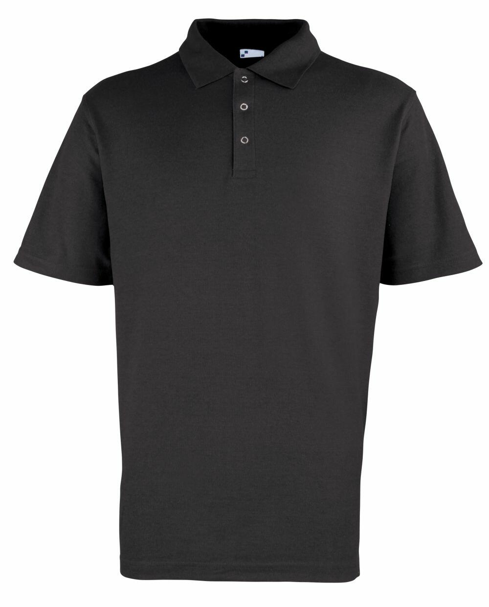 The Premier PR610, a sleek black short-sleeve polo shirt featuring a collar and three buttons, is showcased against a white background.