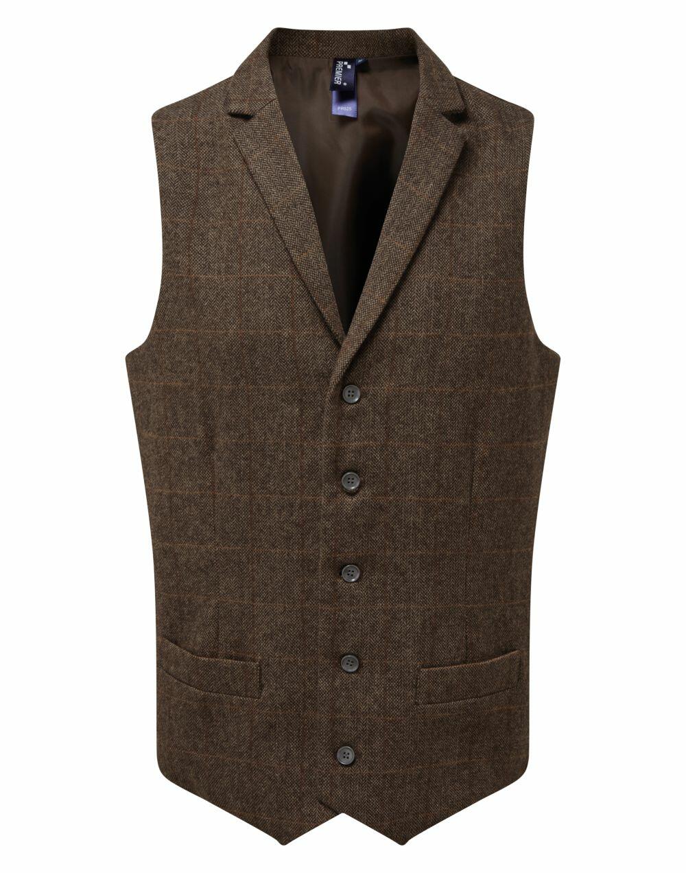 Premier's PR625 is a brown plaid waistcoat featuring five buttons and two front pockets.