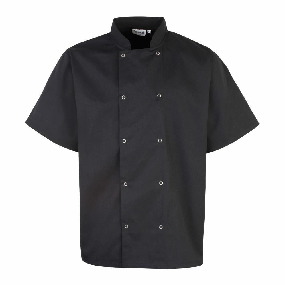 The PR664 by Premier is a black short-sleeve chef jacket featuring a double-breasted front, silver buttons, and a mandarin collar.