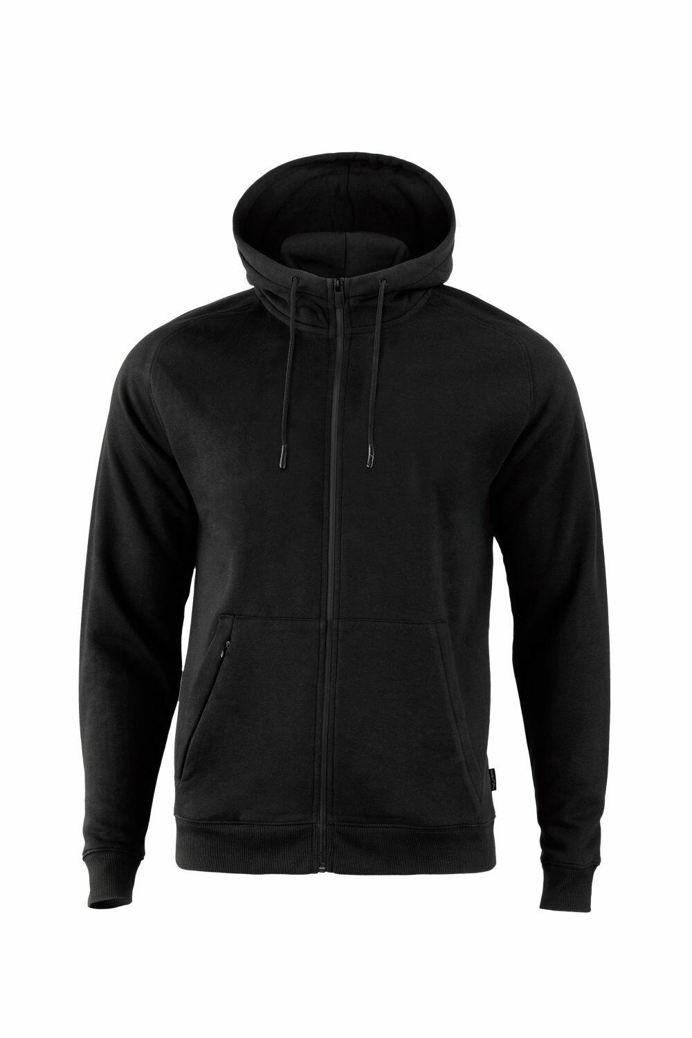 Nimbus Play's NP04M hoodie features a black zip-up design, complete with a drawstring hood and two front pockets, showcased against a white background.