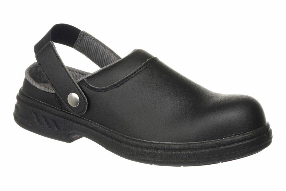 A PW301 black leather clog by Portwest, featuring a cushioned sole and an adjustable strap.