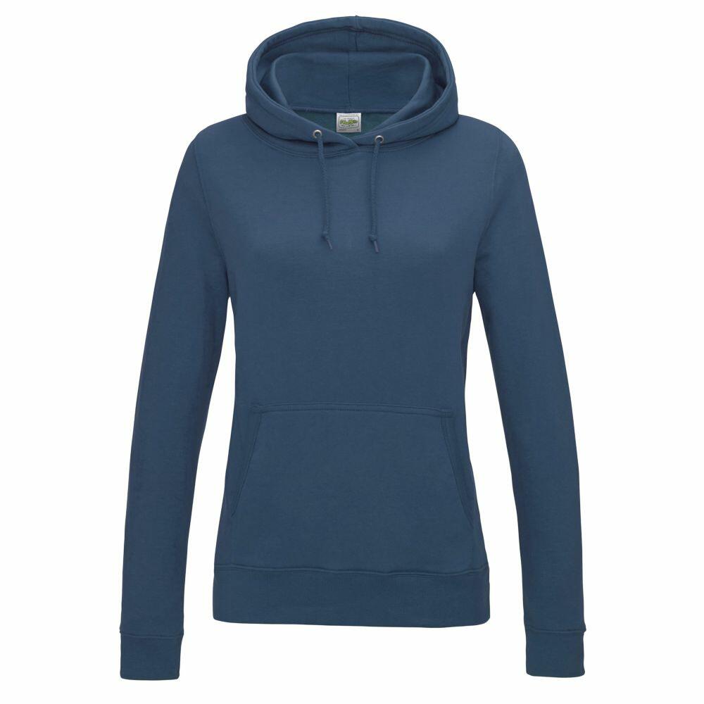 A JH01F hoodie from AWDis Just Hoods in plain teal, featuring long sleeves and a front pocket, lying flat.