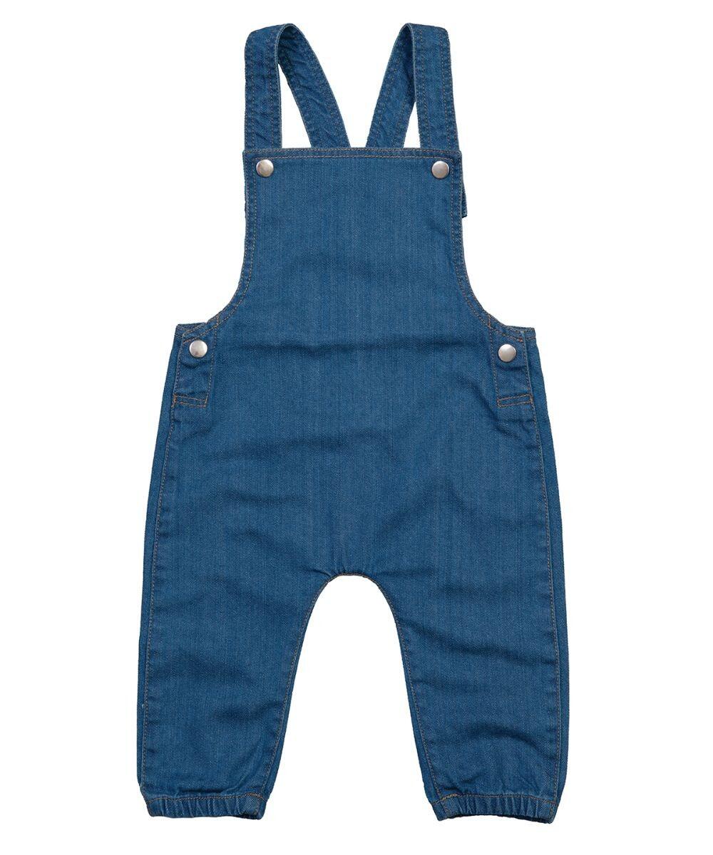 The Babybugz BZ056 blue denim overalls for toddlers come with adjustable shoulder straps and elastic ankle cuffs, highlighted by metal button accents.
