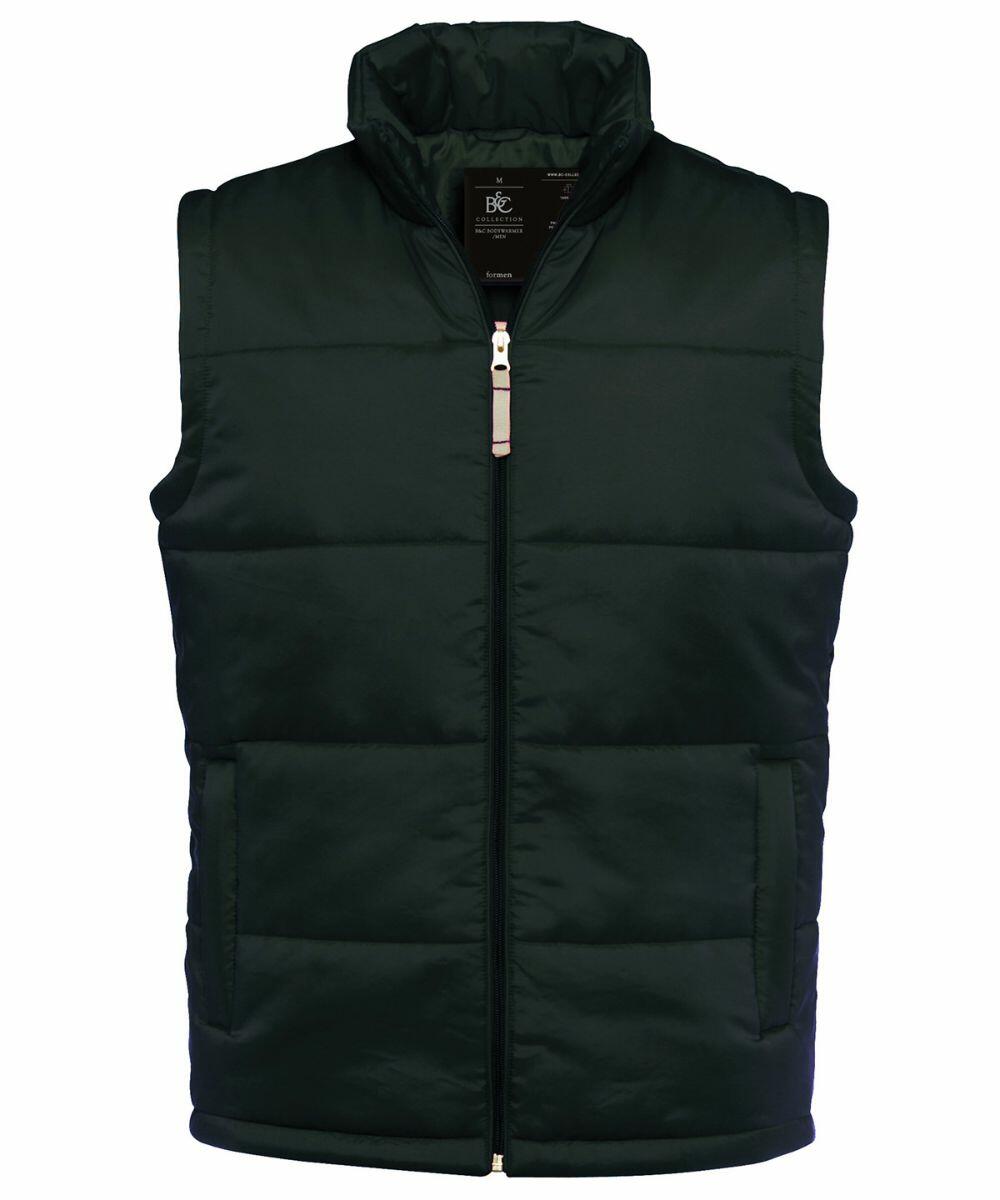 A dark green, sleeveless puffer vest with a zip-up front. The vest includes a high collar and two side pockets. The interior label and zip lining are visible. The overall design is simple and sleek, suitable for warmth and casual wear. This is the BA650 by B&C Collection.