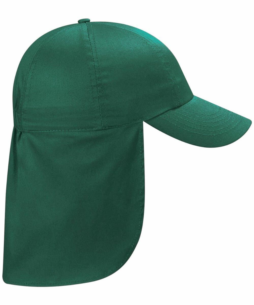 A green Beechfield BC11B with a long neck flap attached to the back, designed for sun protection. The hat features a standard curved brim and the fabric appears smooth and lightweight.