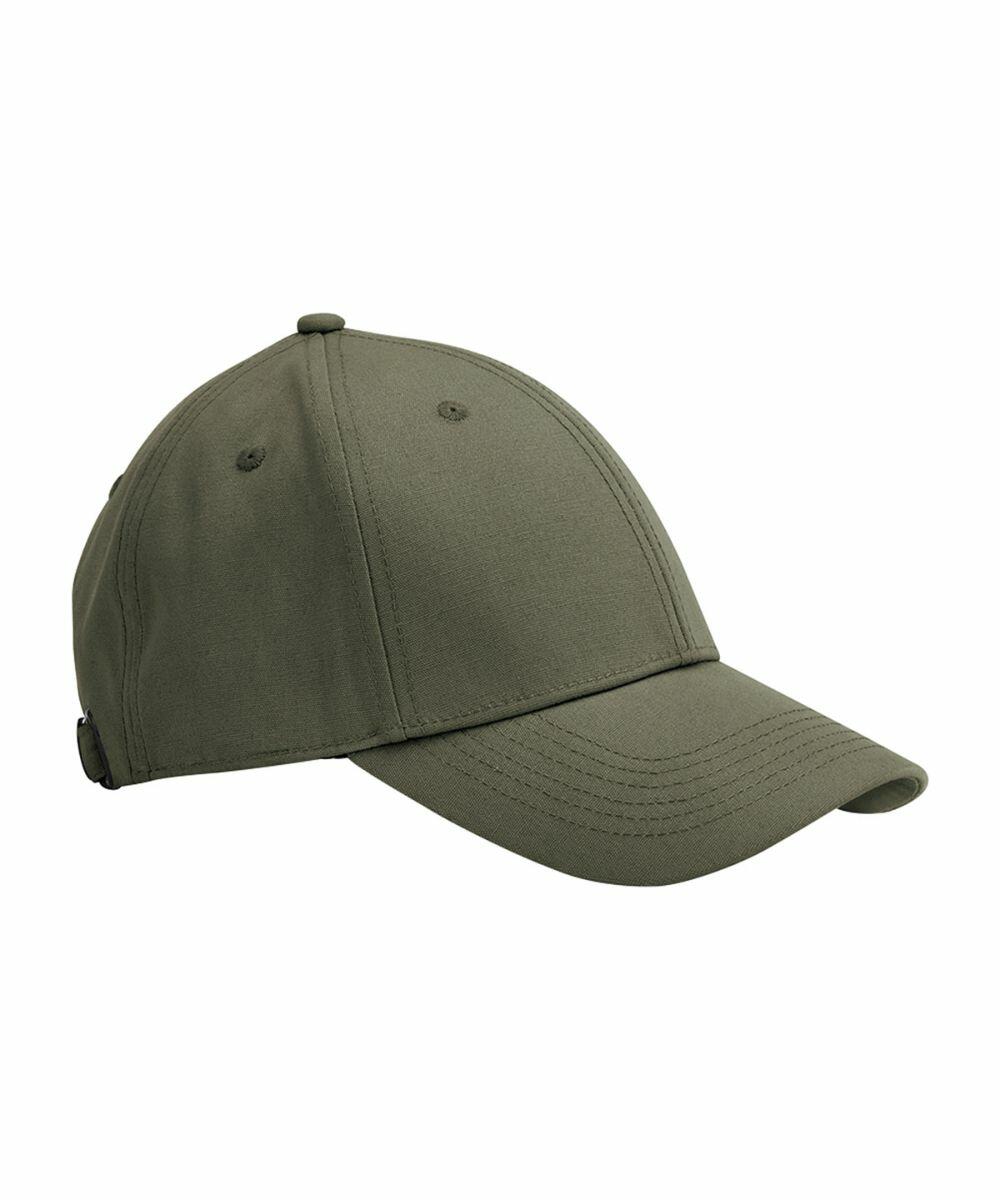 An olive green Beechfield BC801 baseball cap with a curved brim and structured panels. The hat features stitching details and small ventilation holes on each panel, providing a classic and functional design. The back appears to have an adjustable strap for sizing.