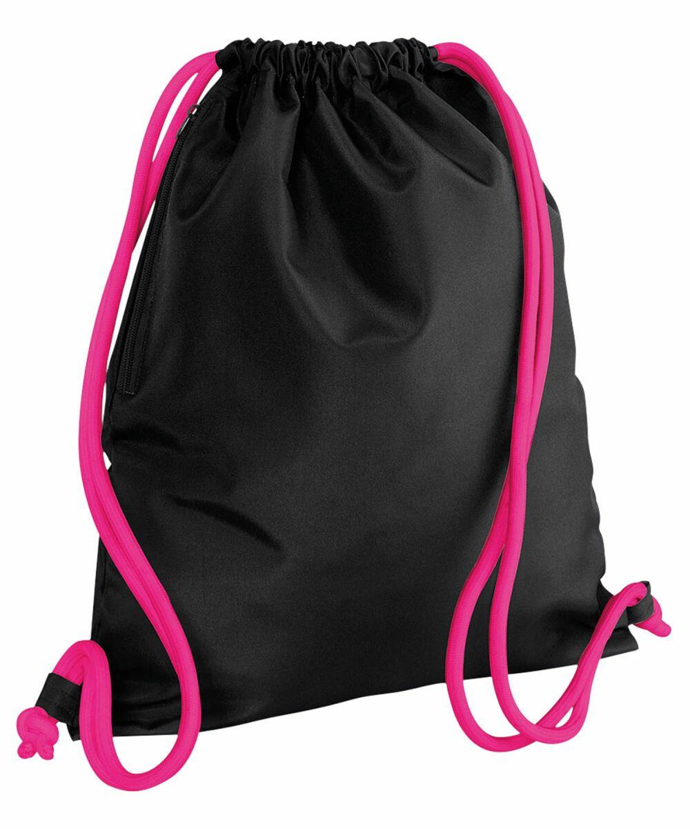 A black Bagbase BG110 backpack with bright pink drawstrings and corners.