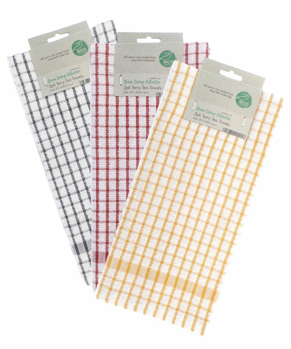 Three sets of tea towels with checkered patterns in gray, red, and yellow are displayed, each labeled "Home & Living" and "HL214" indicating they are made from sustainable materials.