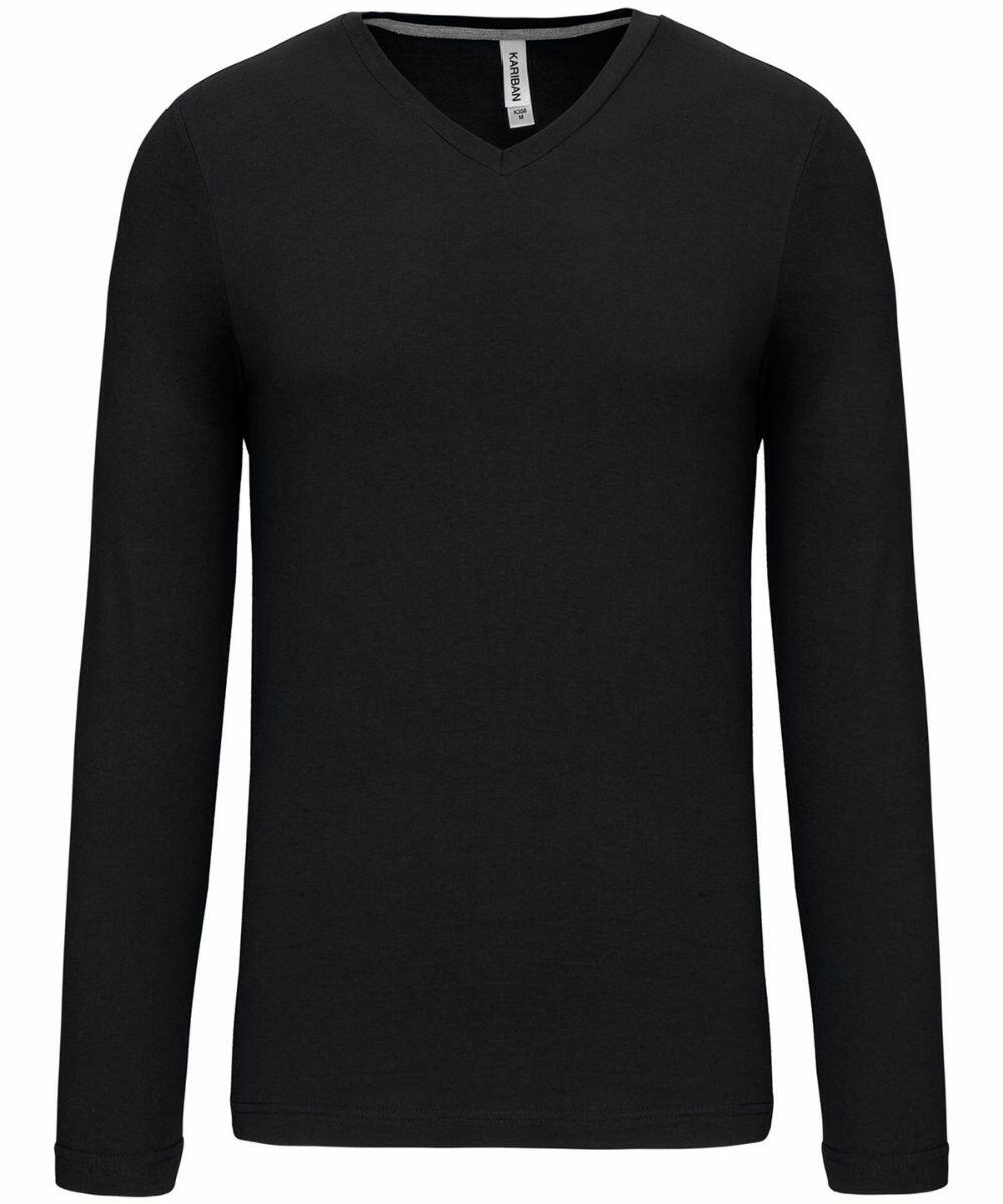 A black, long-sleeve, V-neck shirt with a simple design is displayed against a plain white background. The product name is KB358 and the brand name is Kariban.