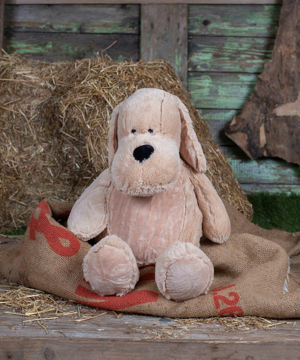 Mumbles MM052 sits on burlap sack in front of hay bales and a weathered wooden wall.